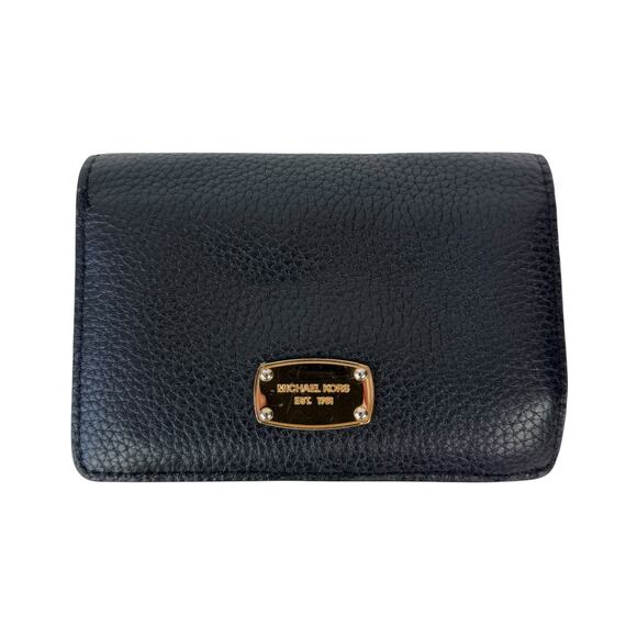 Michael Kors Black Pebbled Leather Slim Bifold Wallet Jet Set Gold Tone - Picture 1 of 16